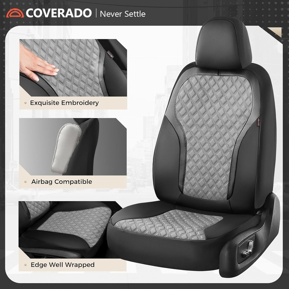 Coverado Car Seat Covers for Front Seats, Luxury Leather Car Seat Cover with Carbon Fiber Weave, Waterproof Automotive Seat Protectors, Driver Seat Covers Universal Fit Most Cars, Black&Gray