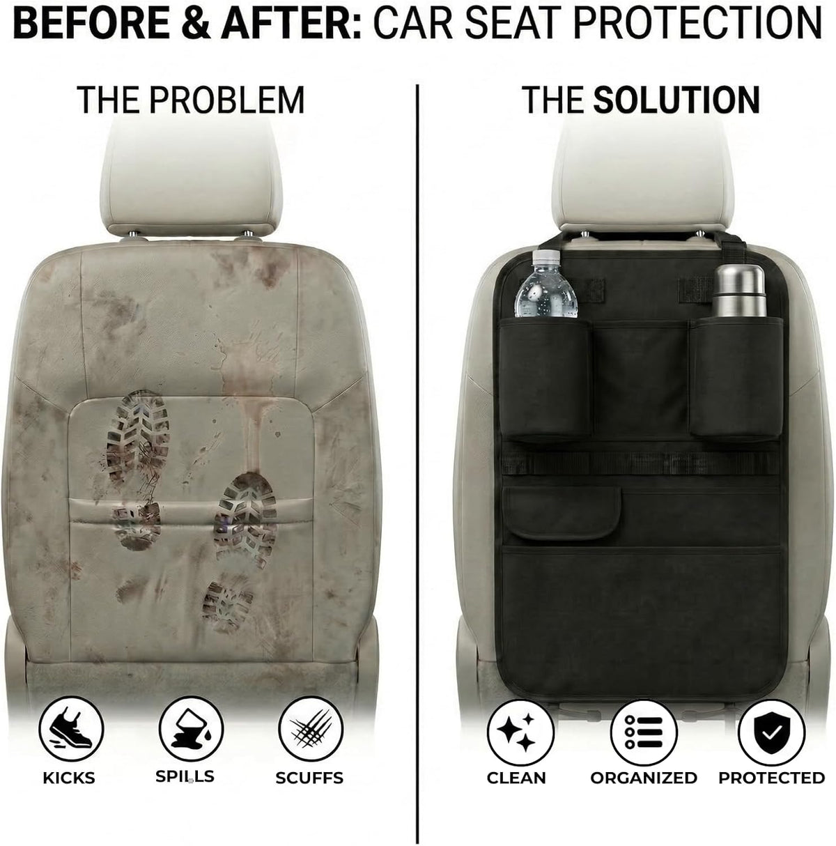 Swigzy Premium Seat Back Organizer Water Bottle Holder & Kick Mat Protector