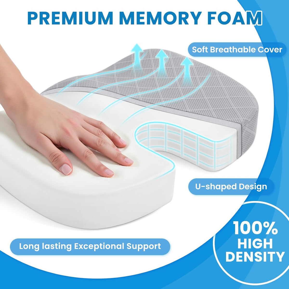 TushGuard Memory Foam Office Chair Seat Cushion - Light Grey, Large