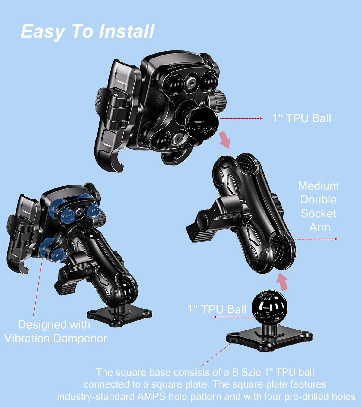 LOKTENWO Phone Mount Holder for Car, Truck, Boat, Quick Lock Shockproof