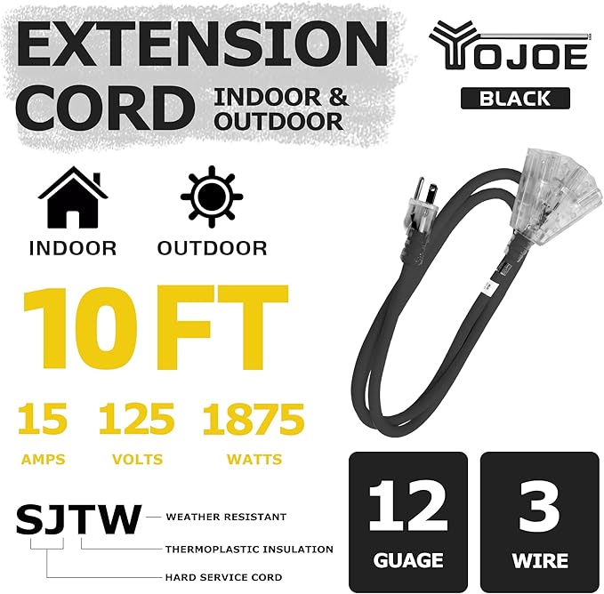 YOJOE 3-Outlets Indoor Outdoor Extension Cord with Lighted End, 3 Prong 15A Weatherproof Power Cord, 12 Gauge Heavy Duty 10 ft Black Extension Cord Multiple Outlets, 12/3 SJTW UL Listed