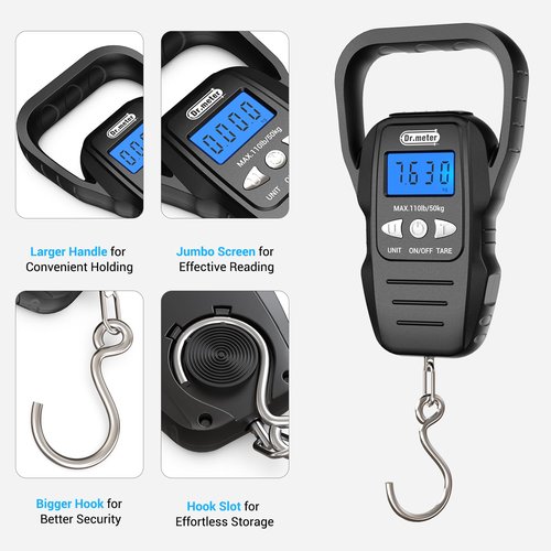 Dr.meter Fish Scale - Digital Fishing Scale with Backlit LCD Display & Measuring Tape - 110lb Capacity