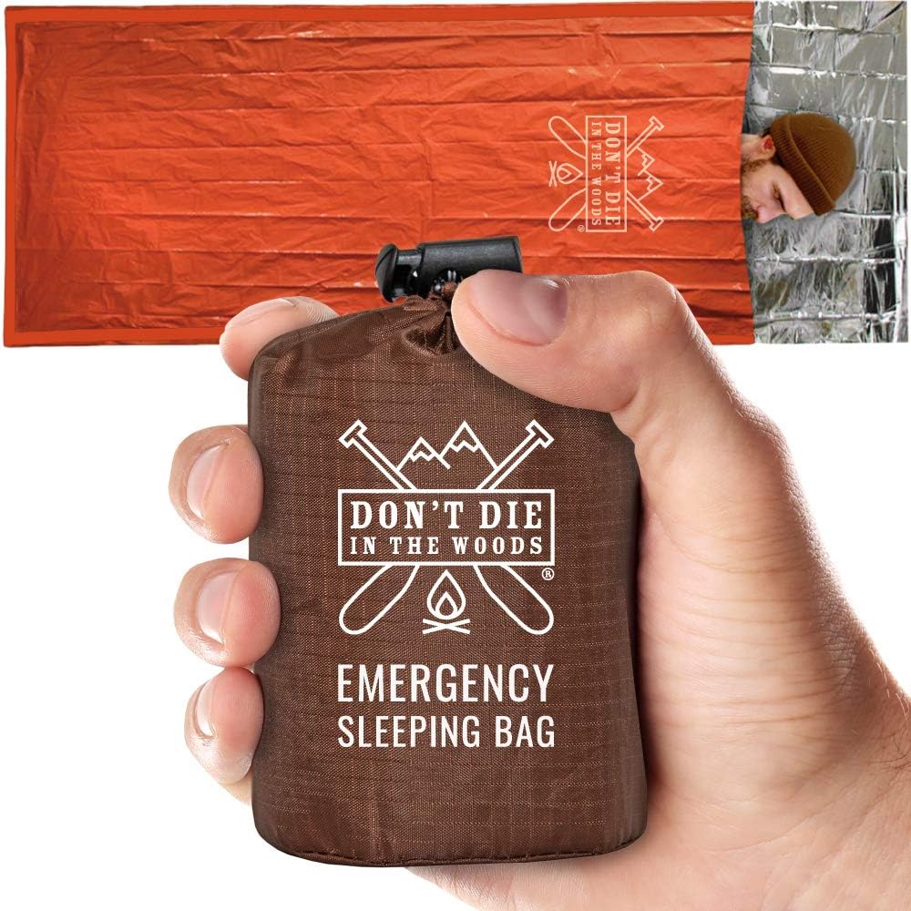 Don’t Die in The Woods - Emergency Sleeping Bag with Hood - Made with Extra Thick Thermal Mylar - for Hiking First Aid Kit Camping Blanket Survival Gear Essentials