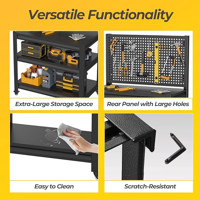 2 Sets Work Bench with Pegboard,Heavy Duty Workbench with Wheels Adjustable Shelves,Tool Cart,Work Table 47.2" H*33.46" W*18" D
