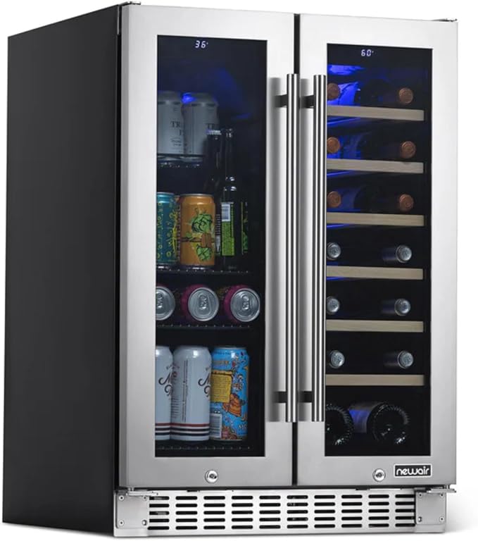 NewAir 24" Dual Zone Beverage Refrigerator & Wine Cooler for 18 Bottles & 60 Cans | Freestanding or Built-In Under Counter Mini Fridge for Beer, Wine and Soda | Stainless Steel