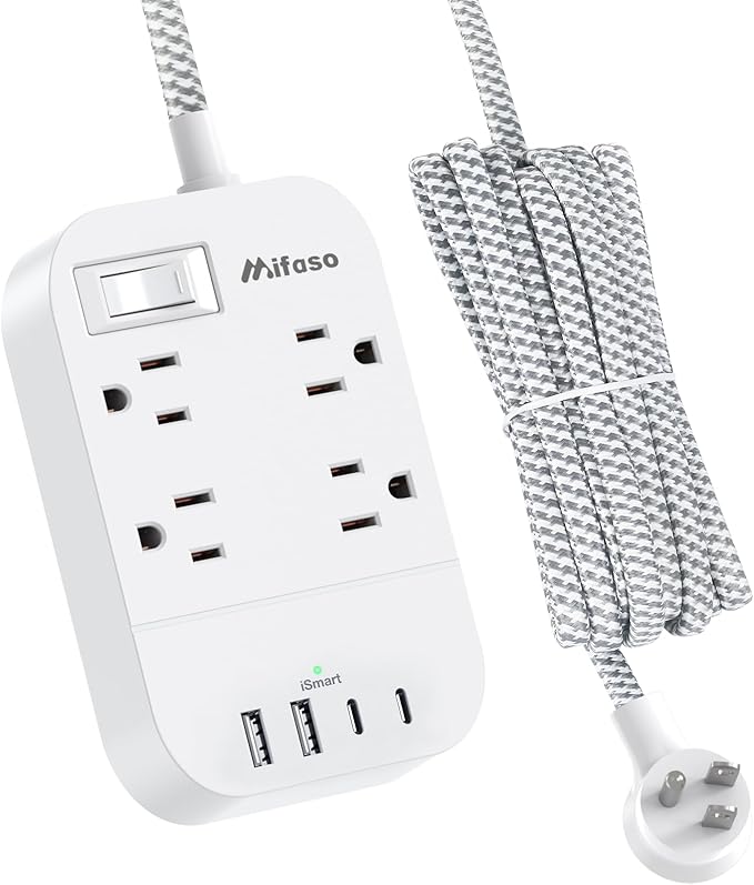 15FT Extension Cord, Flat Plug Power Strip with USB C, 4 Outlets with 4 USB Ports, Wall Mount, Overload Protection, Desk Charging Station for Office, School, Dorm Room Essentials, ETL Listed