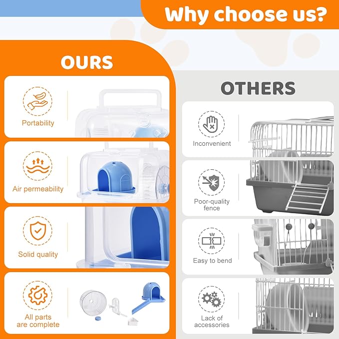 Portable Hamster Travel Carrier Cage,Outdoor Small Pets Breathable Cage,Multifunctional Guinea Pig Carrier with Water Bottles, Running Wheels, Ladders, Dodge Houses and Feeders (Orange, Style B)