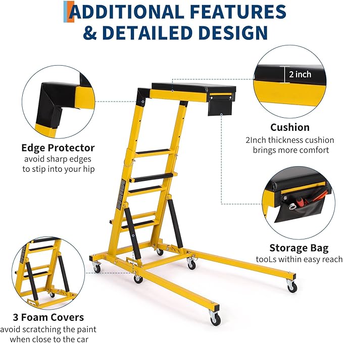 Garvee Top Side Automotive Engine Creeper, Adjustable Height from 48" - 66", 400LBS Capacity Foldable Creeper,6 Swivel Caster Wheels,Thicker Cushion,Tool Pouch, Yellow