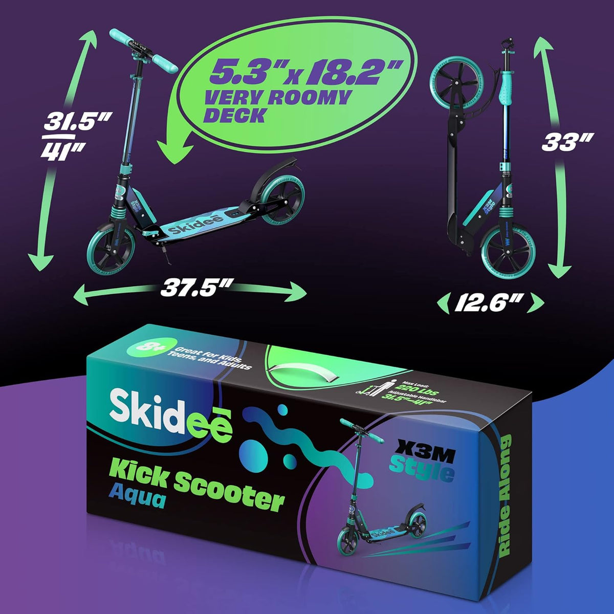 Skidee Scooter for Adults & Teens - Adjustable Height, Lightweight, Durable, Anti-Shock Suspension, Large Wheels, 220 lbs Capacity