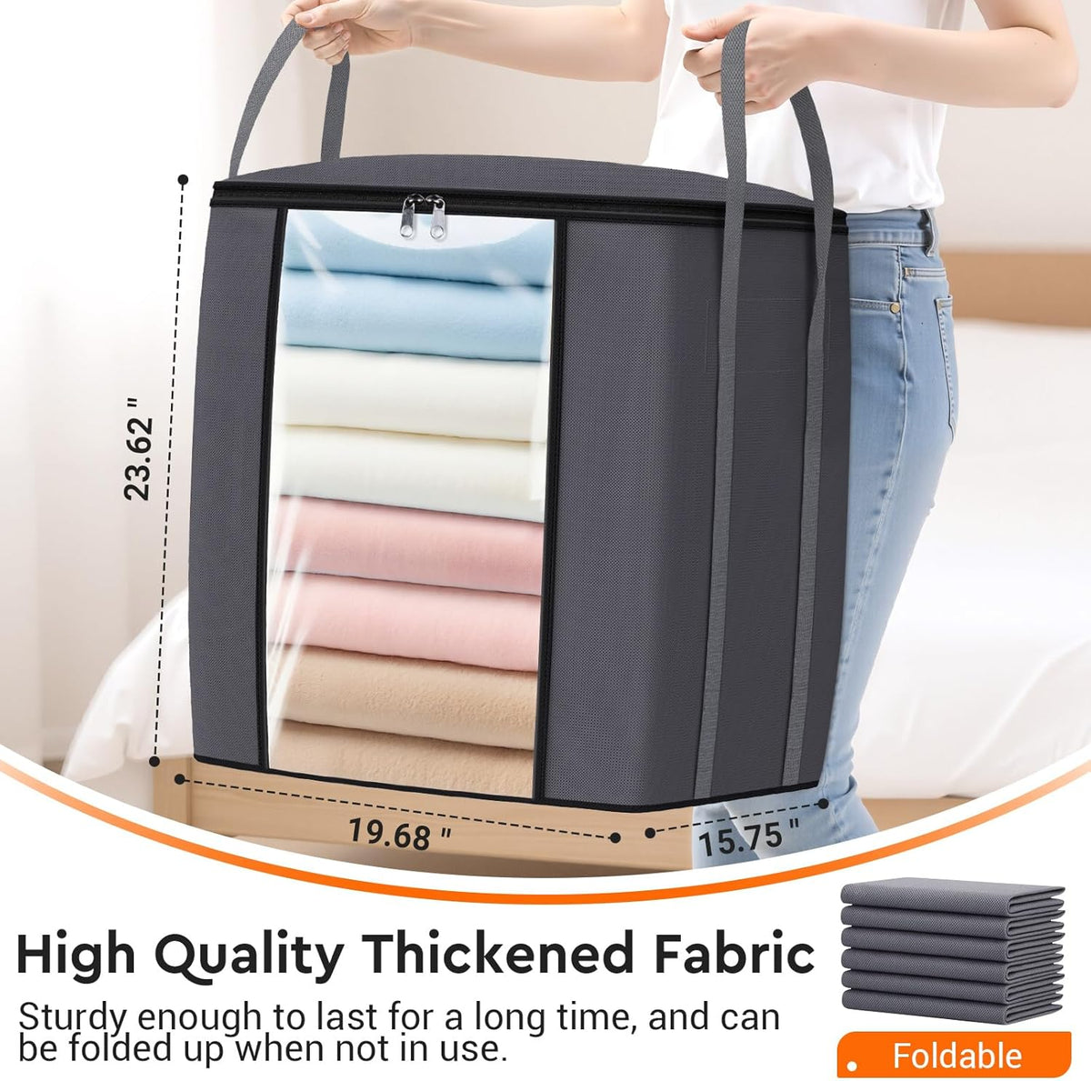 TasticTotes 120L Extra Large Clothes Storage Bags, Foldable Blanket Storage and Organization, Thick Fabric Containers with Reinforced Handles & Zippers for Clothing, Comforters, Bedding, Gray, 2 Pack