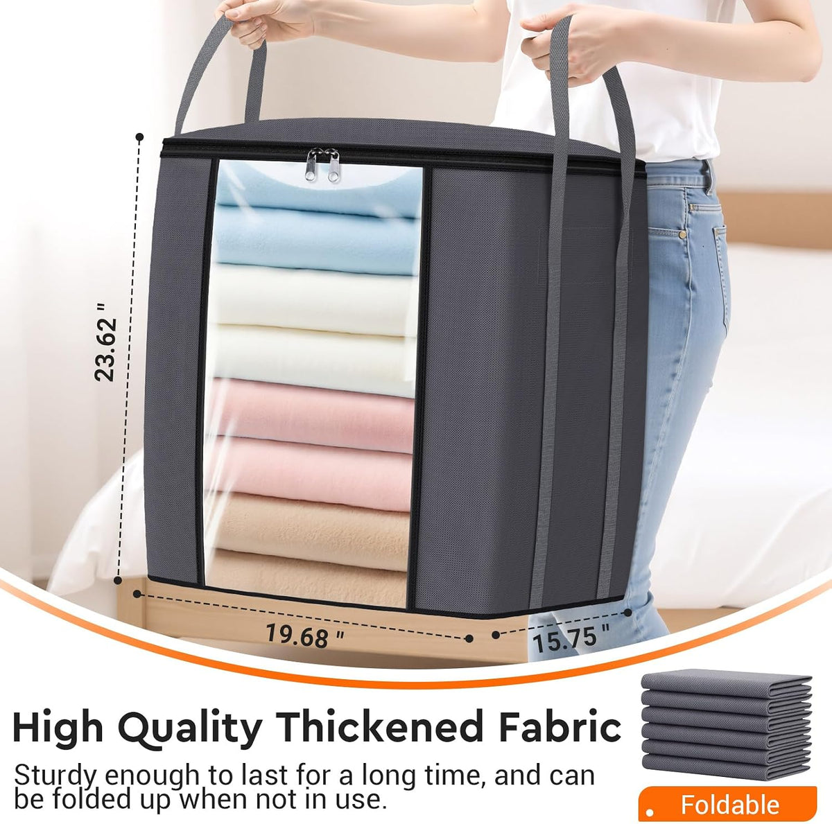 TasticTotes 120L Extra Large Clothes Storage Bags, Foldable Blanket Storage and Organization, Thick Fabric Containers with Reinforced Handles &amp; Zippers for Clothing, Comforters, Bedding, Gray, 1 Pack