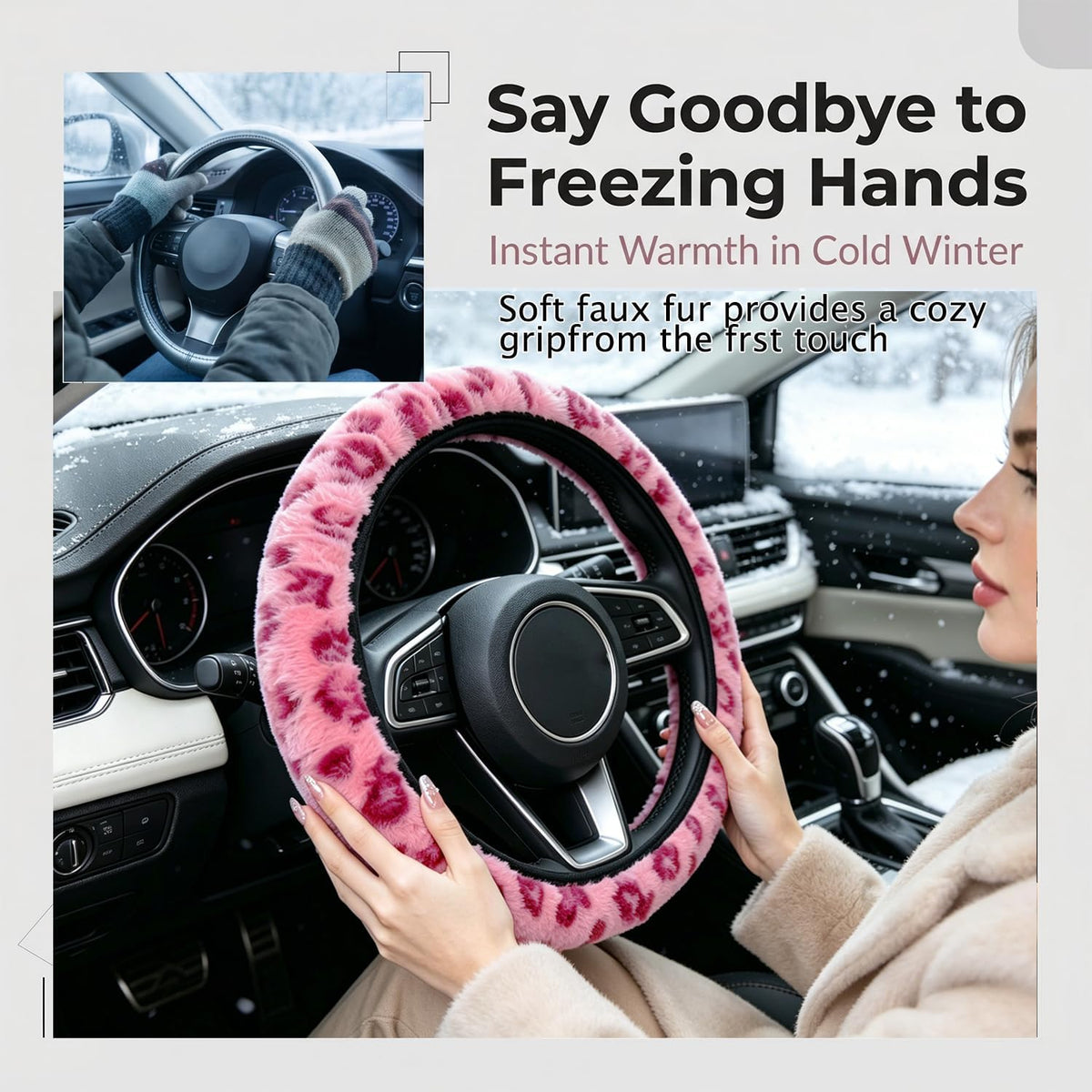 Pink Leopard Steering Wheel Cover with Fluffy Keychain Fit 14"-15"