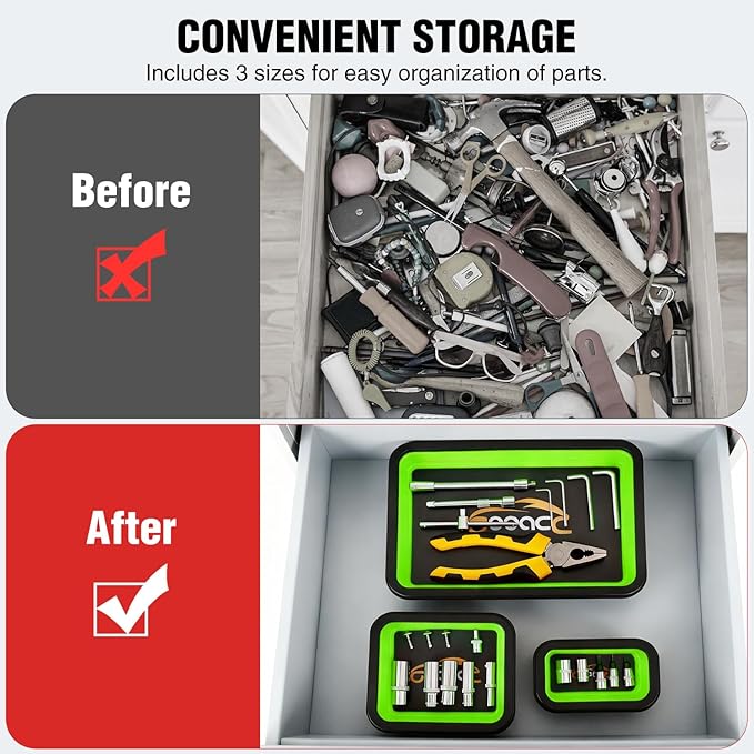 GOOACC 3 Sizes Collapsible Magnetic Parts Tray Set Green Silicone Foldable Tool Trays Organizer for Screws Bolts Nuts Pins Washers and Other Small Metal Parts Double Sided Magnet Base
