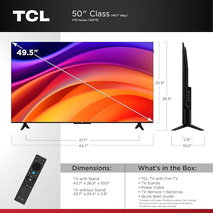 TCL 50-Inch F7D Series 4K QLED (50F7D, 2026 Model) with Dolby Vision HDR & Dolby Atmos Smart TV with Fire TV, Alexa+, Auto Game Mode, High Brightness LED Backlight, and Hands-Free Voice Control