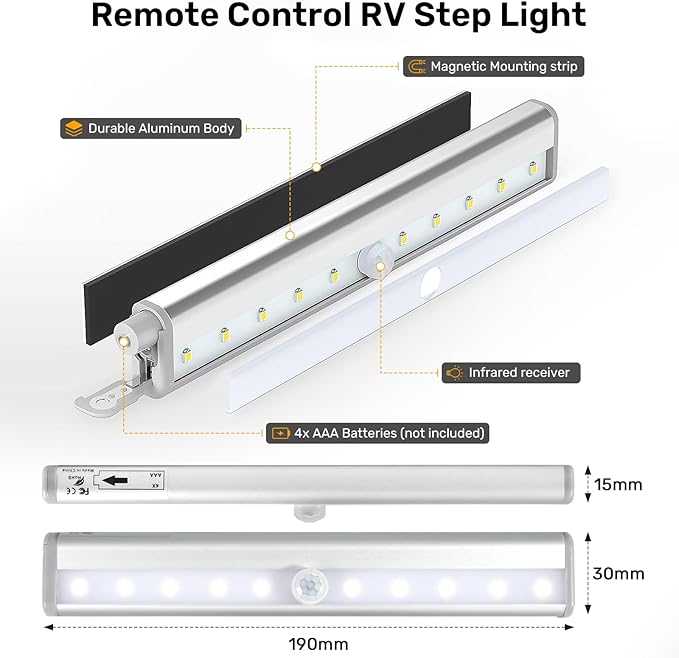 3 Pack Remote Control RV Step Lights, 10 LED Battery Operated Motorhome Light Strip, Magnetic Night Light Bar for Motorhome Travel, Trailers, Camper (White Light)