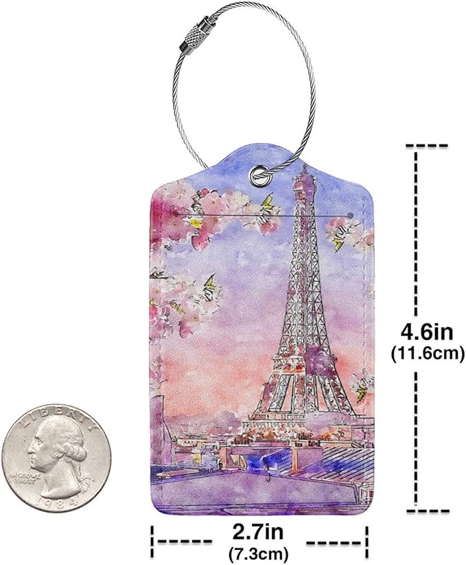 2PC Eiffel Tower Luggage Tags for Travel, Paris Spring Romantic Cherry Blossoms Suitcase Tag Privacy Name ID Card Quick to Find Out Travel Bag Labels for Couple Honeymoon Wedding