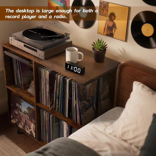 Faesun Vinyl Record Storage Stand - 3 Tier Flip Top Cabinet Holds 300+ Albums | Rustic Brown Turntable Display