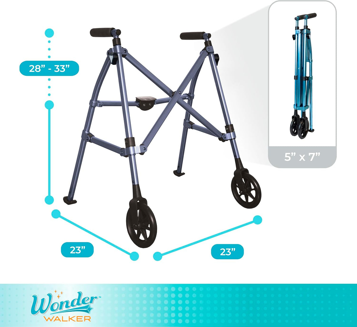 Stander Space Saver Walker Short, Lightweight Folding Rolling Mobility Aid for Juniors & Petite Adults, Compact 2-Wheel Disability Device with 6-inch Wheels & Rear Ski Glides, Cobalt Blue