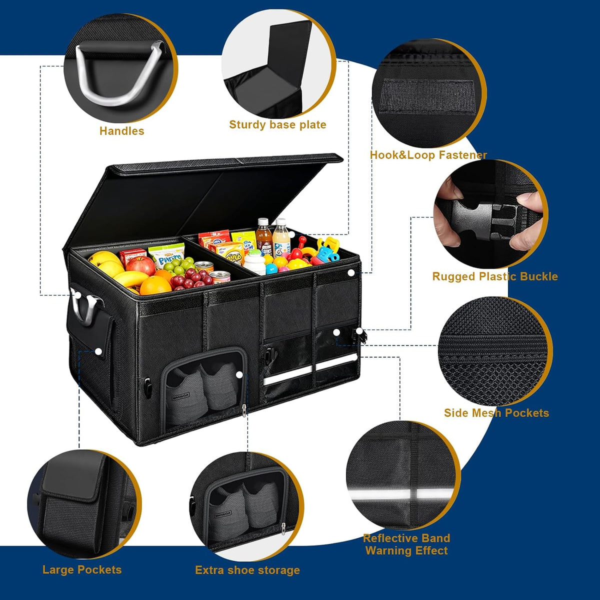 Car trunk organizer, Collapsible Multi-Compartments Car trunk Organizer with Shoes Storage Space, Reflective Strip, Perfect for Car & SUV (23.6 * 13.8 * 11.8 INCH)