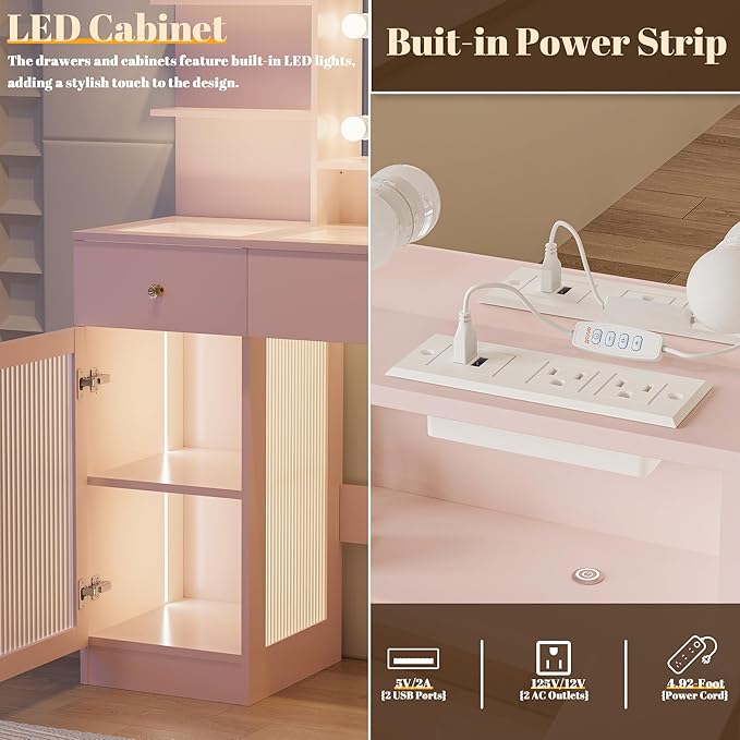 40" Vanity Desk with Large Mirror and Lights, Modern Glass Top Makeup Vanity Set with Power Outlet,Pink