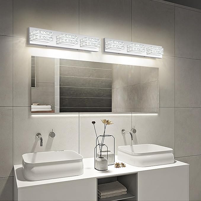 OKELI Bathroom Crystal Vanity Light Fixtures, Modern LED Vanity Light for Bathroom, 3 Lights Crystal Mirror Front Lamp, 6000K Cool White, 18W, Dia 22 Inch ETL Listed