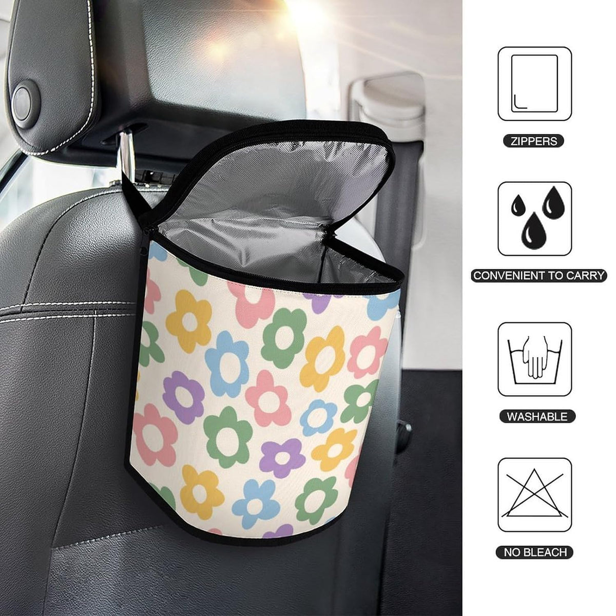 Waterproof Car Trash Can with Lid - 2.3 Gallon Leakproof Floral Auto Garbage Bag, Insulated Vehicle Hanging Organizer Bin, Cute Car Accessories for Women Road Trips (Pastel)