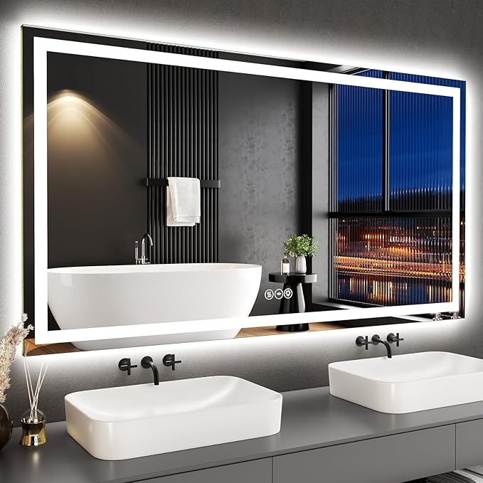 LED Bathroom Mirror 30x55 Inch Anti-Fog Bathroom Mirror with Lights, Wall Mounted Lighted Vanity Mirrors, Dimmable, Backlit + Front Lit, Smart Bathroom Vanity Mirror with 3 Colors Temperature