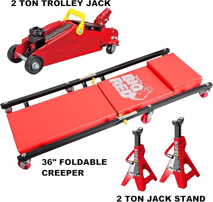 Big RED AT82040R Torin Hydraulic Trolley Floor Service/Floor Combo with 2 Jack Stands and Rolling Garage/Shop Creeper, 2 Ton (4,000 lb) Capacity, Red