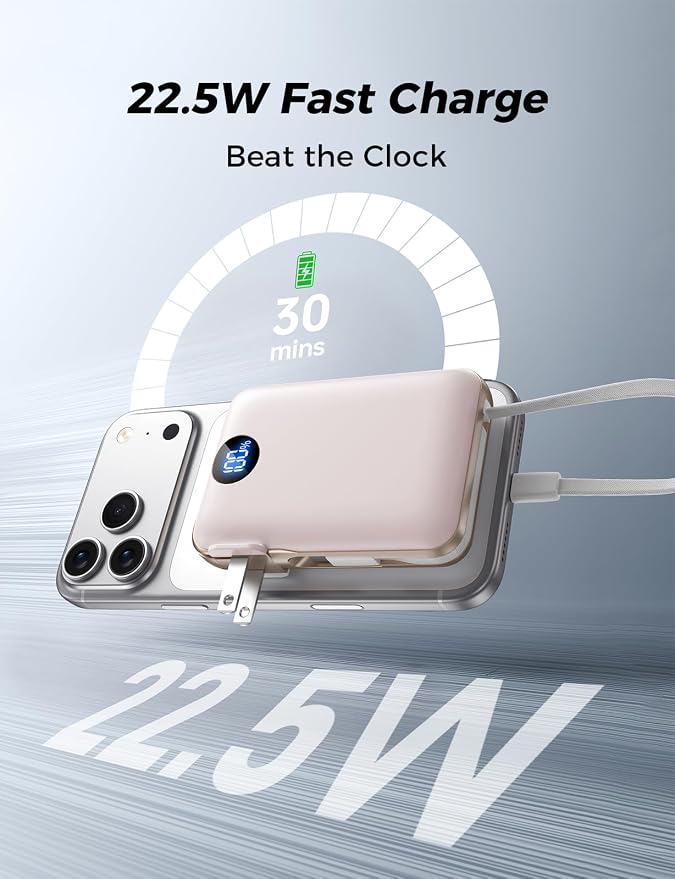 Portable Charger with Built-in Cables & Wall Plug, 10000mAh Power Bank, 4 Outputs 22.5W USB C Fast Charging, Slim Travel Battery Pack with LED Display for iPhone 17/16/15/14, Rosegold