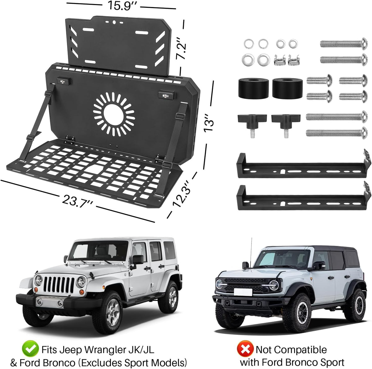 Spare Tire MOLLE Panel Modular Storage System for Jeep Wrangler JL JK & Ford Bronco (Excludes Sport Models), Heavy-Duty Metal Foldable Tailgate Table, Car Storage Organizer Panel Accessories
