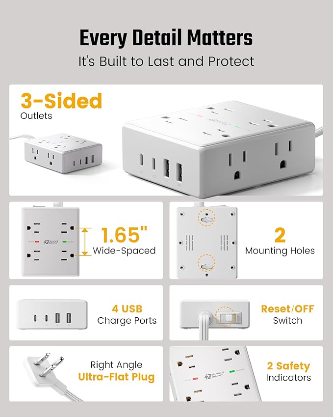 15Ft Long Extension Cord, Surge Protector Power Strip with 8 Outlets & 4 USB Ports (2 USB C), Flat Plug Power Strip Wall Mountable, Desk Charging Station for Home Office, College Dorm Room Essentials