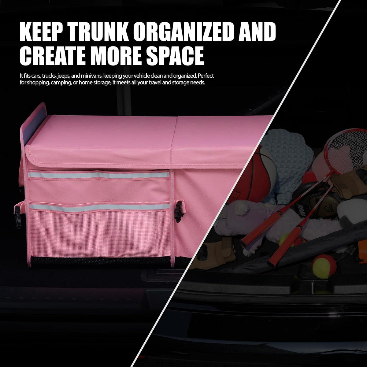 LIBZAKI Car Trunk Storage Organizer, Multi Compartment Collapsible Trunk Storage Box for Car Truck SUV-Pink