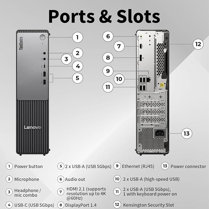 Lenovo ThinkCentre Neo 55s Business SFF Desktop, AMD Ryzen 5 220 (up to 4.9 GHz), 32GB DDR5, 1TB SSD, Support 2-Monitor 4K, HDMI, DP, Wired KB & Mouse, Wi-Fi, Win 11 Pro, 2026 Small PC, w/Bundle