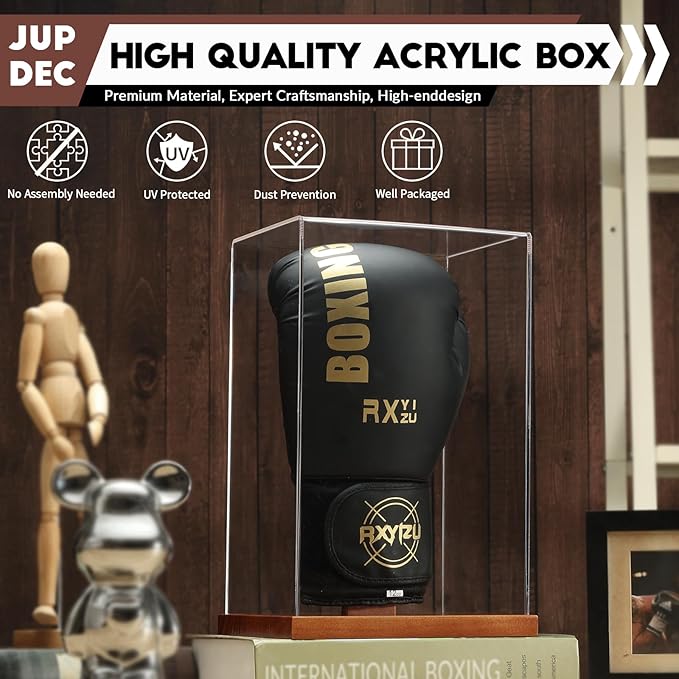 JupDec Boxing Glove Display Case, Clear Acrylic Showcase with Wood Base & Plank for Single Glove, Full Size UV Protection Souvenirs and Collectibles Box, Ideal Gift for Boxing Fans