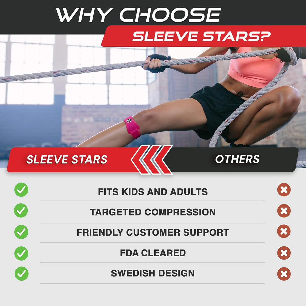 Swedish Brand Sleeve Stars Patellar Tendon Support Strap - Effective Osgood Schlatter Knee Brace for Youth & Adults | Adjustable 12"-24" - Hot Pink