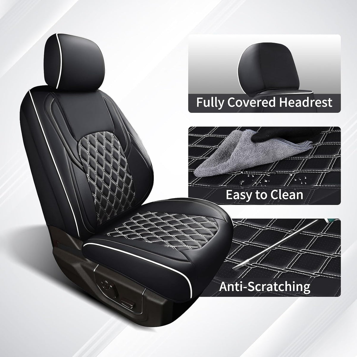 Huidasource Tacoma Front Seat Covers Fit for Toyota Tacoma 2016-2023 All Cab SR,SR5, Limited,TRD Pro, TRD Sport, TRD Off-Road Front Row, 360° Full Wrap Leather Car Seat Cushion Cover, Black&White