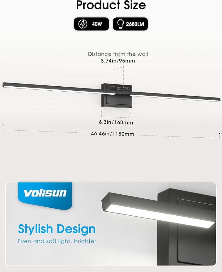 VOLISUN Bathroom Vanity Light 48 inch, 5CCT Dimmable, 40W LED Bathroom Light Fixture Over Mirror, Black Bar Vanity Lights for Bathrooms Mirror Cabinets