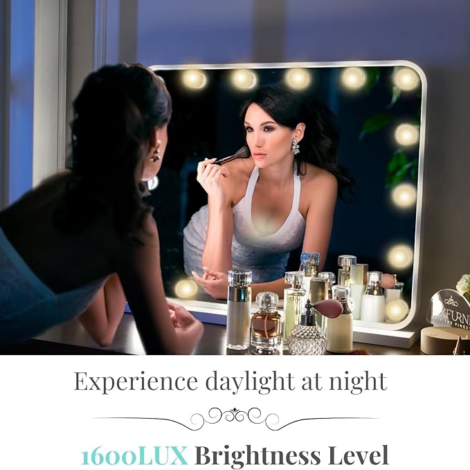 LUXFURNI Large Hollywood Vanity Mirror with Lights, 25" Lx21 W Lighted Makeup Mirror with 18 Dimmable Bulbs, Smart Touch Control 3 Color Lighting Modes, White