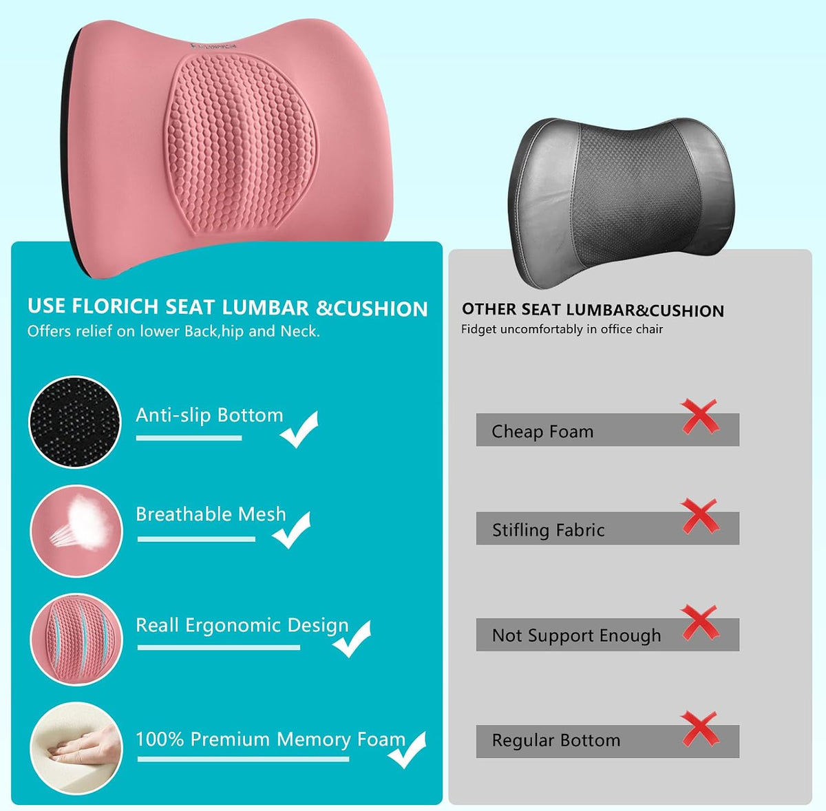 FLORICH 3 PCS Seat Cushion for Carseat Lumbar Support Pillow Car Neck Headrest Pillow 100% Memory Foam Seat Pads Pressure Relief Back Cushion for Office Chair(Light Pink)