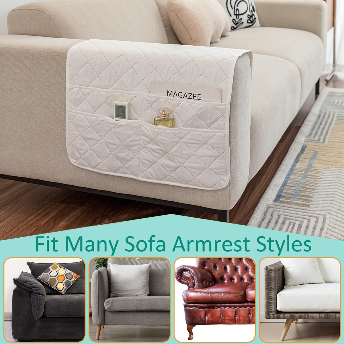 Armchair Caddy Remote Control Holder Sofa Organizer, Non-Slip Couch Arm Chair Caddy with 6 Pockets for Tablets,Smart Phone,Books,Pens,Magazines,Ipad (Off-White)