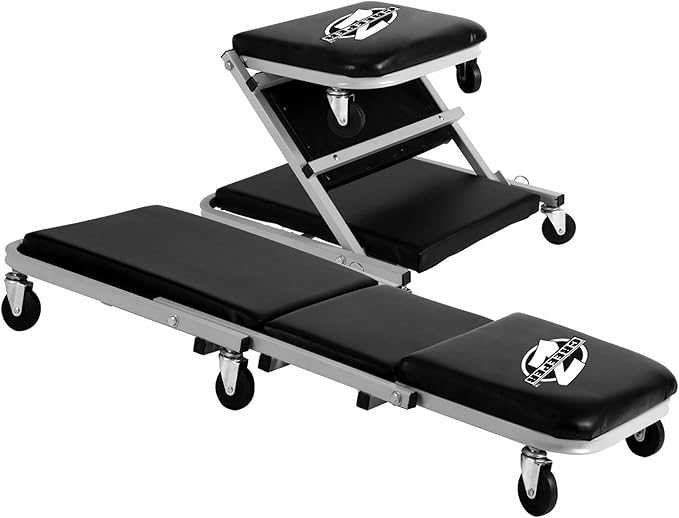 Eisen® ES8 Heavy Duty Adjustable Work Table with Drawers, Rolling Tool Tray with Wheels of 220lbs Capacity and Pro-Lift C-2036D Grey 36" Z-Creeper Seat , Black