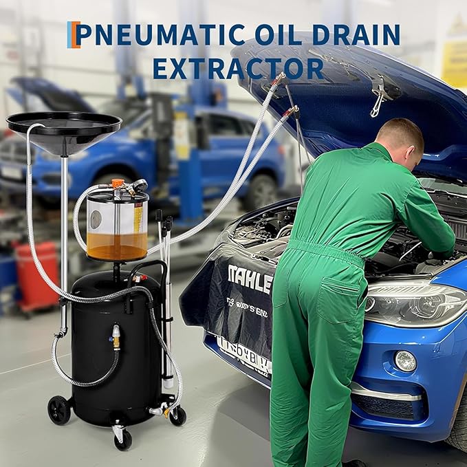 20 Gallon Waste Oil Drain Tank, Oil Drain Extractor, Pneumatic Drainer for Automotive Fluids, Portable Waste Oil Container with Air Operation (20 Gallon - Measuring Cup - Black)