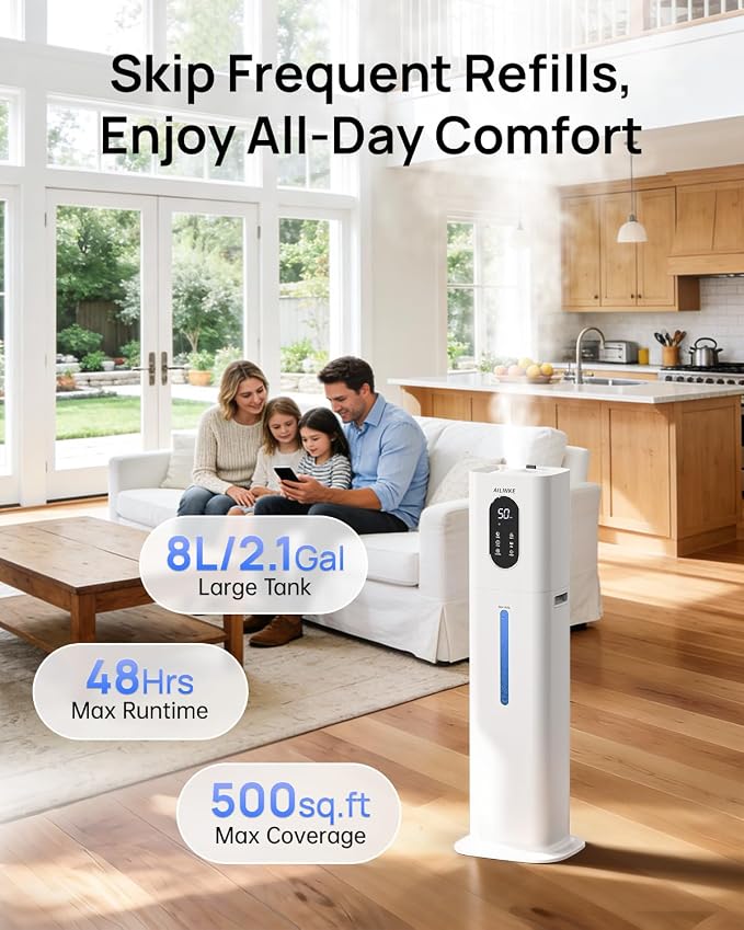 2.1Gal/8L Warm & Cool Mist Humidifiers for Bedroom 500 sq ft, AILINKE Top-Fill Humidifier Large Room with Essential Oil Diffuser, Large Room Humidifiers for Home Baby Nursery Office Plants, White