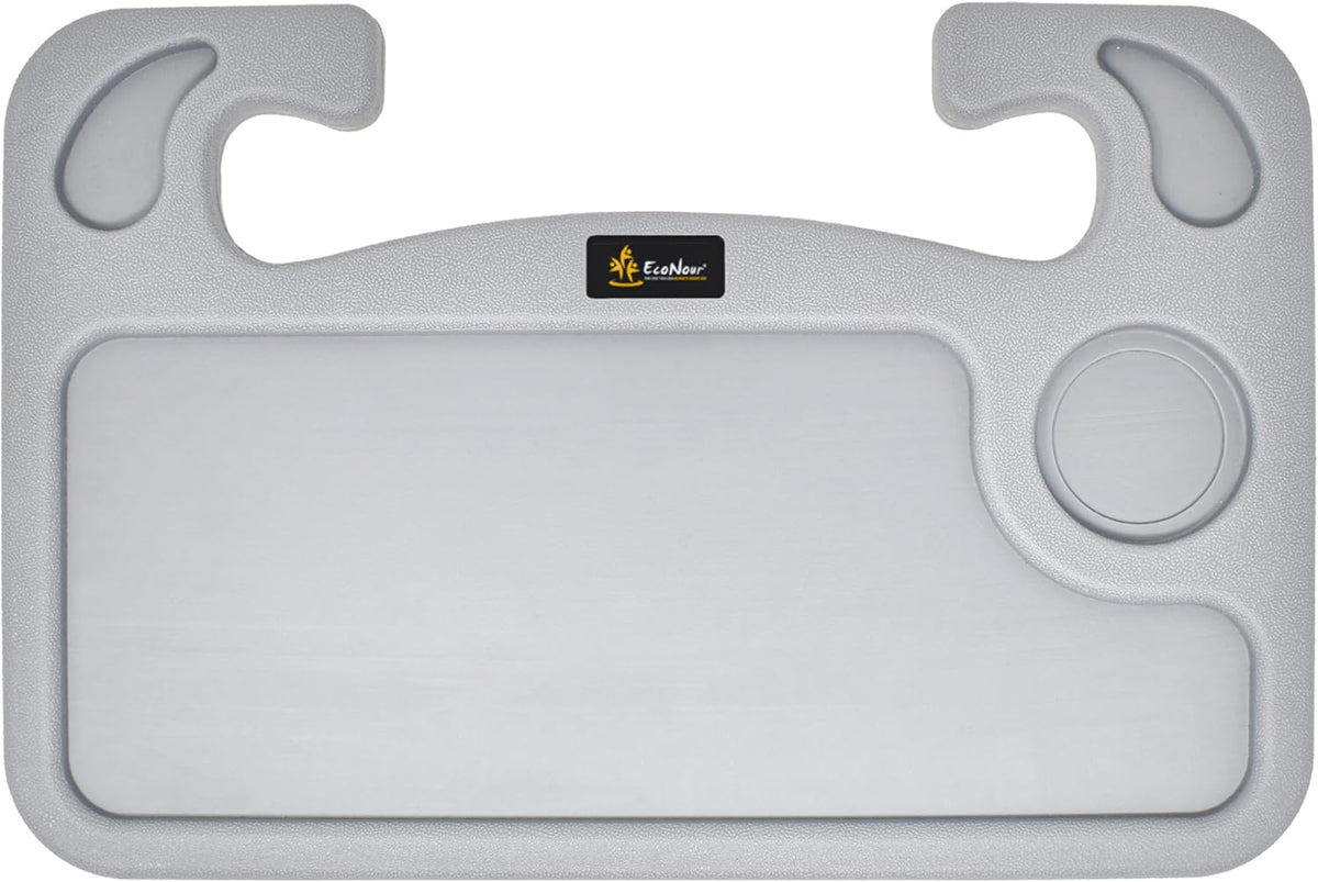 EcoNour 2 in 1 Car Steering Wheel Desk | Steering Wheel Tray for Laptop Car Mount with Pen Holder | Car Food Grey Tray for Eating with Drinks Holder | Multipurpose Travel Car Accessories