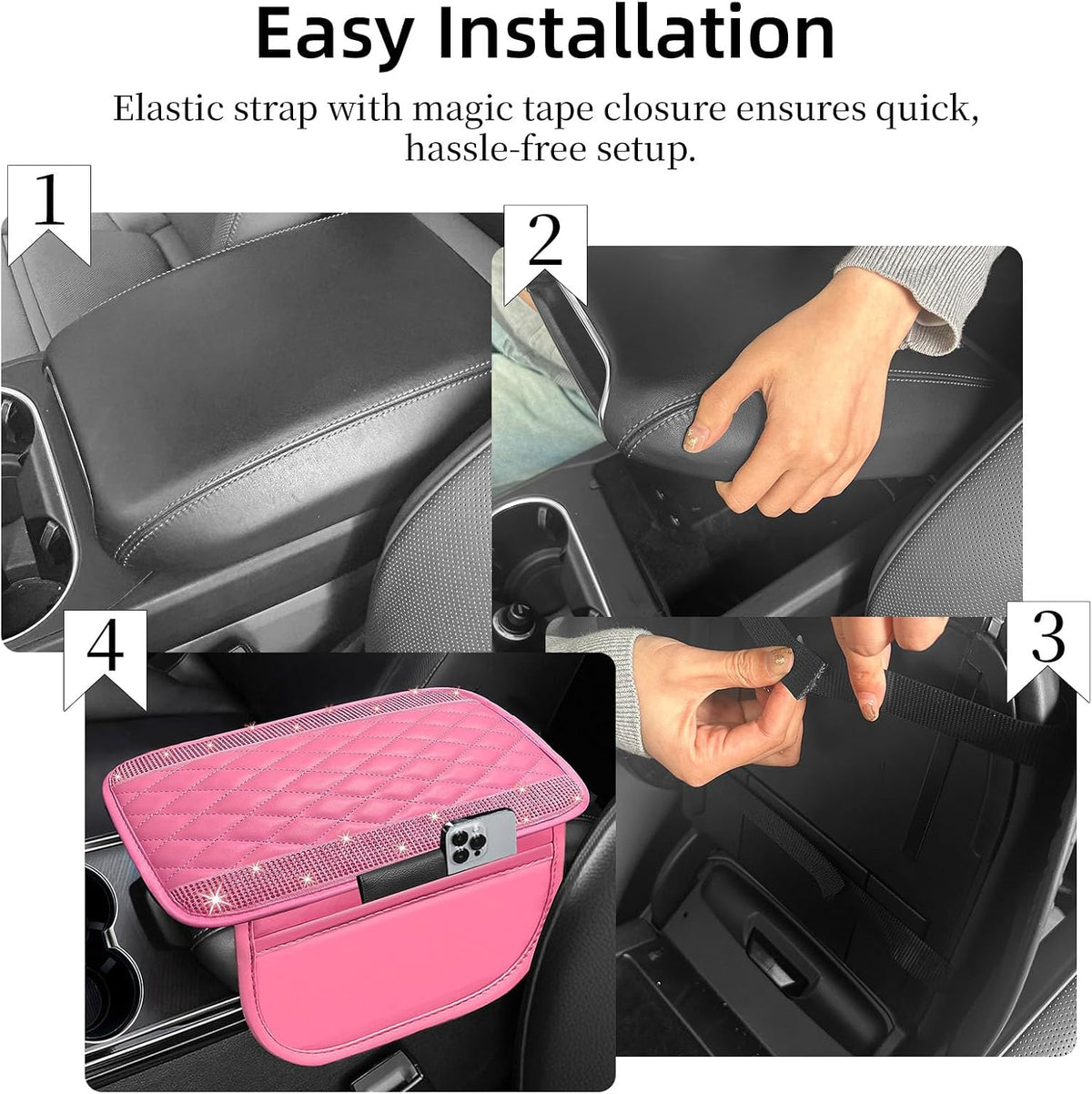 NBTEPEM Bling Pink Car Center Console Cover, Leather Car Arm Rest Cover Cushion with 2 Storage Bags, Middle Console Cover Universal Armrest Protector Pads, Pink Bling Accessories for Most Vehicles