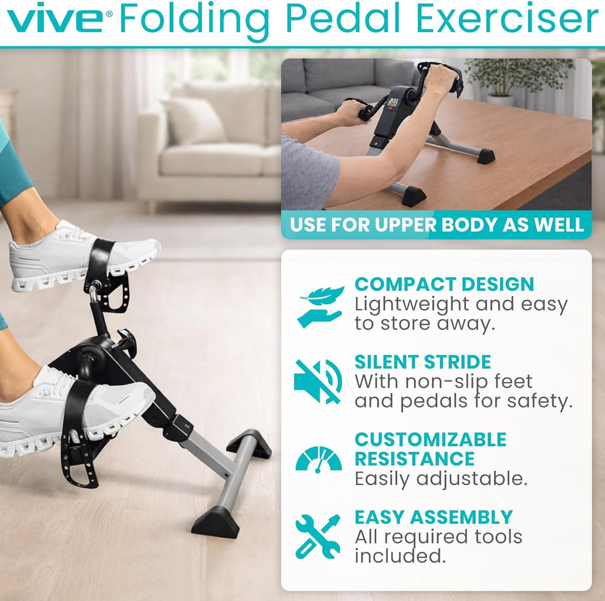 Vive Folding Pedal Exerciser - Under Desk Exercise Bike for Seniors | Mini Stationary Peddler with LCD Display