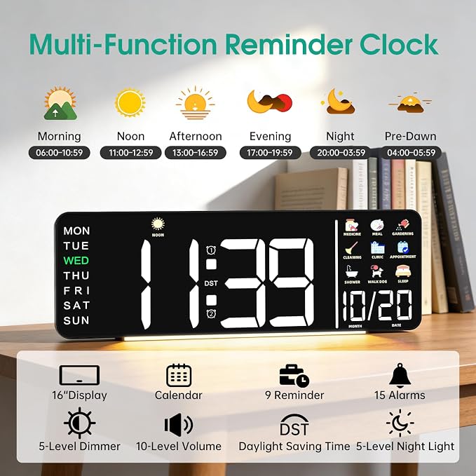 Hoifen Clock with Day and Date for Seniors, Remote Control, Night Light