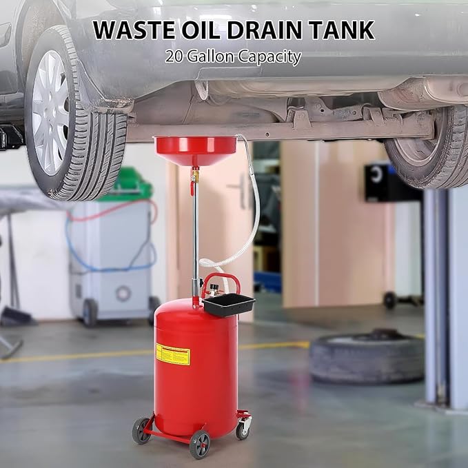 20 Gallon Waste Oil Drain Tank, Oil Drain Extractor, Pneumatic Drainer for Automotive Fluids, Portable Waste Oil Container with Air Operation (20 Gallon-Red-Common)