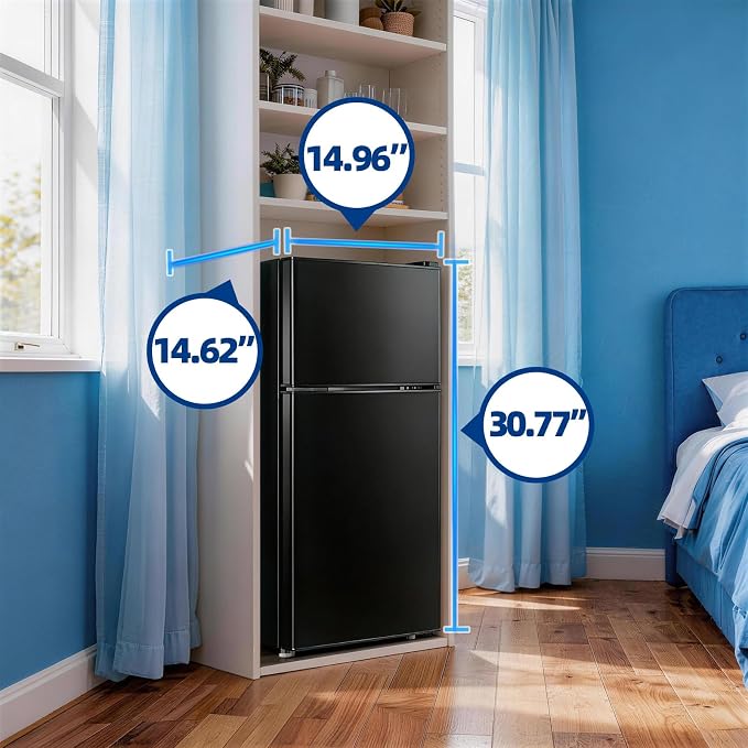 Mini Fridge with Separate Freezer Compartment Double Door Small Refrigerator with 7 Adjustable Temp Control Ideal for One Person Use & Dorm Apartment Office Black
