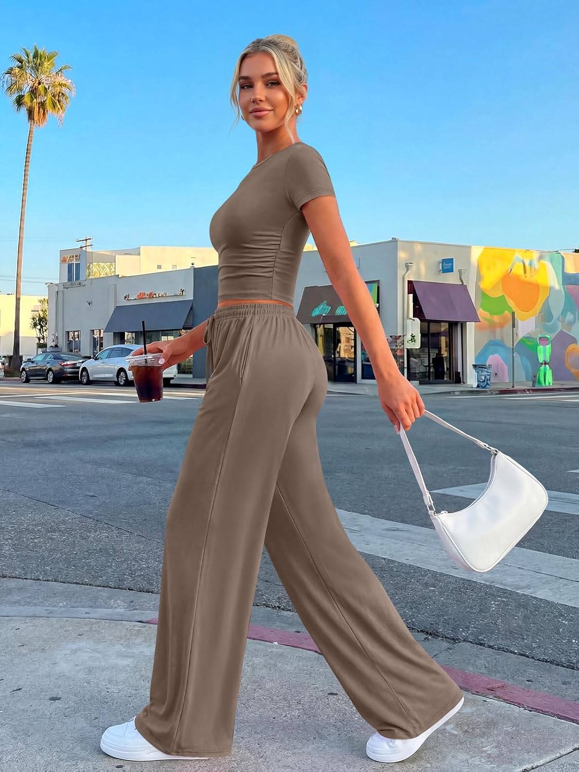 Trendy Queen 2-Piece Matching Summer Lounge Set - Women's Side Ruching Top & Wide Leg Pants with Pockets